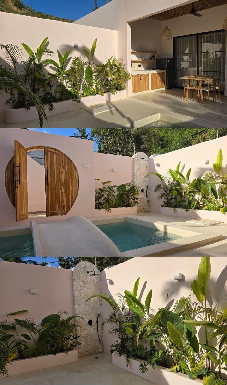 Patio de la villa con piscina privada, terraza y ducha exterior